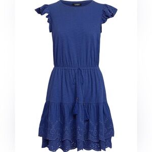 LAUREN RALPH LAUREN Size 6 Blue Eyelet Jersey Short Dress FLUTTER SLEEVES TIERED